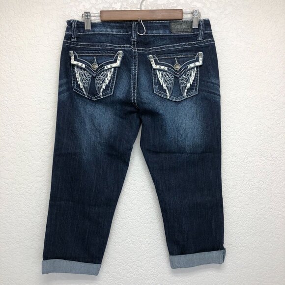 ZCO Capri Jeans Women 9  Angel Wing Stud Denim Low Rise Dark Wash - Picture 3 of 6